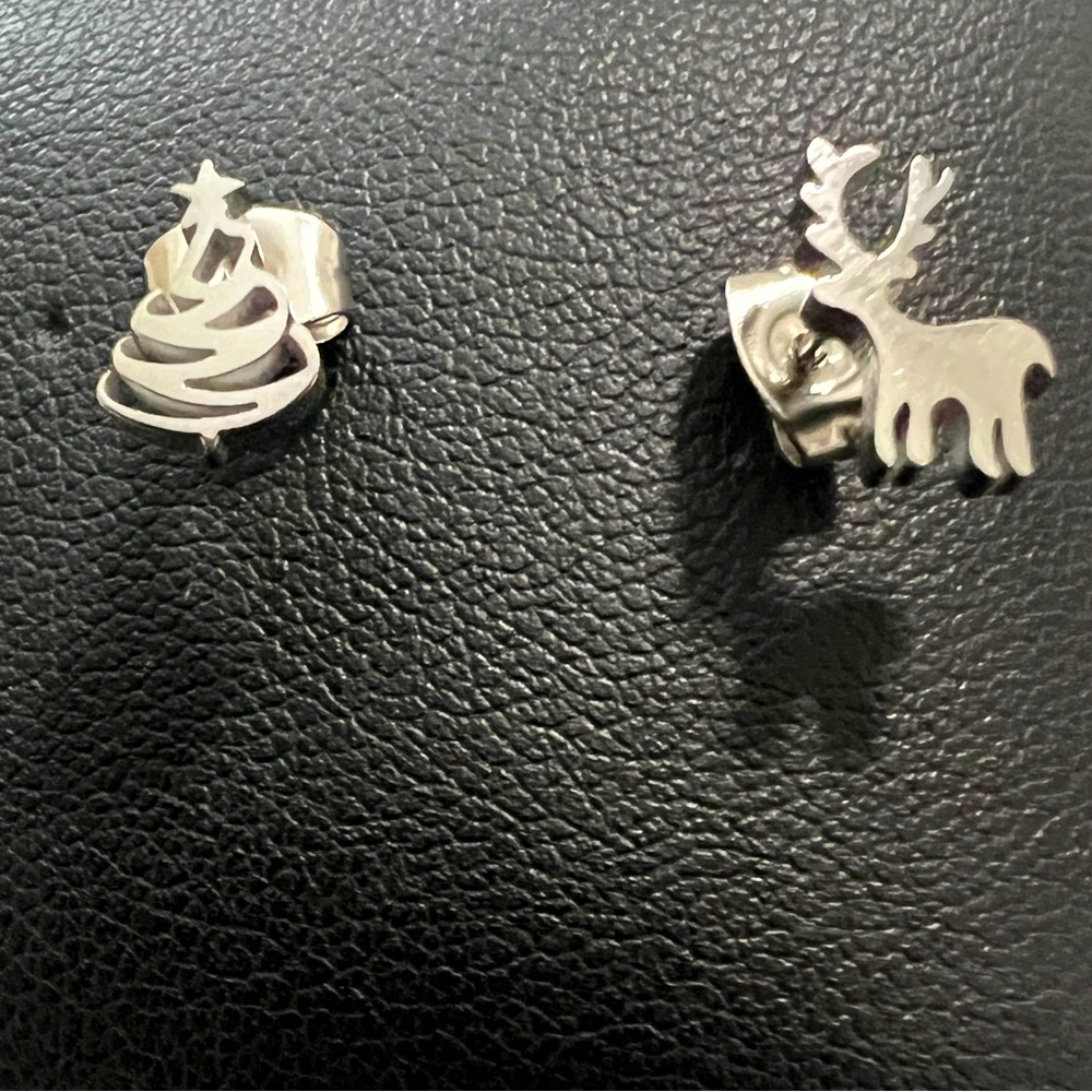 Silver Christmas Tree and Reindeer Earrings stainless steel
